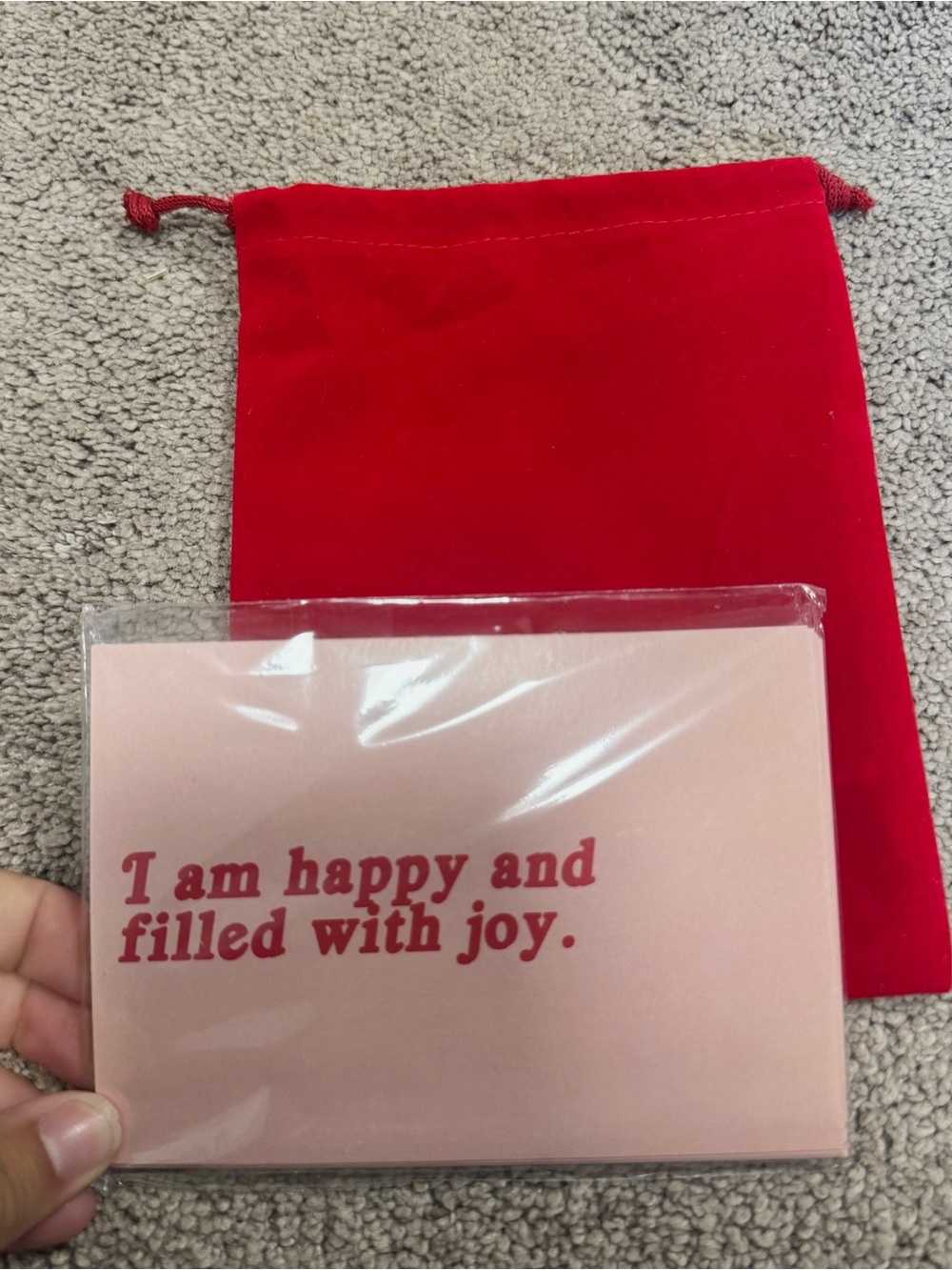 Red Velvet Drawstring Pouch with Pink Affirmation Card